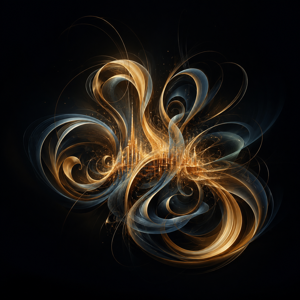 Abstract rendering of a soundwave, gold and slate ribbons converging